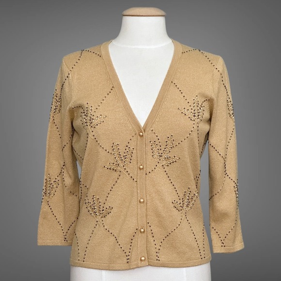 Cache Sweaters - VTG Cache Womens Sweater M Camel Tan Silk Cashmere Beaded Cardigan Classic 90s